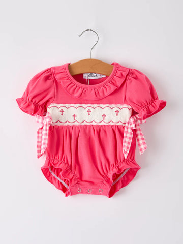 Hot Pink Smocked Christening Romper