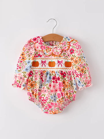 Floral Bow Pumpkin Smocked Romper