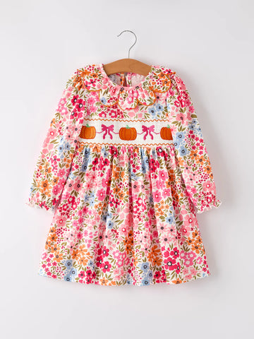 Floral Bow Pumpkin Smocked Dress