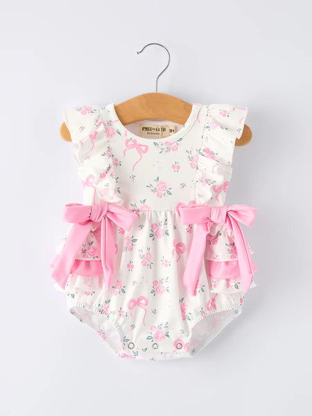 Pink Bow Floral Ruffle Romper