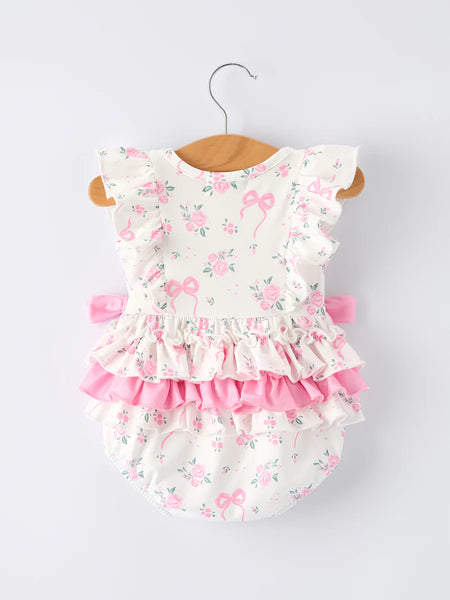 Pink Bow Floral Ruffle Romper