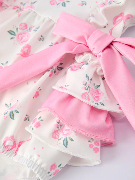 Pink Bow Floral Ruffle Romper