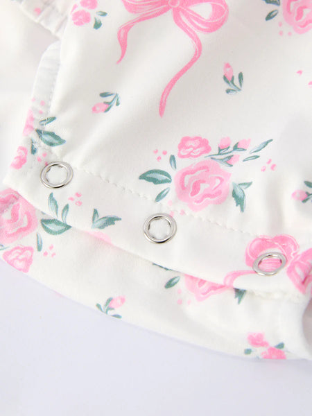 Pink Bow Floral Ruffle Romper