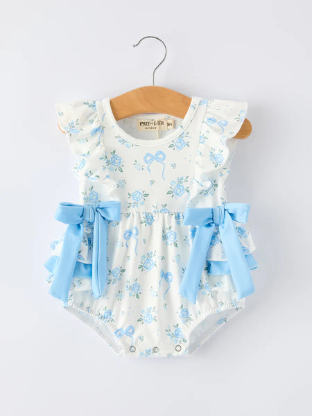 Blue Bow Floral Ruffle Romper