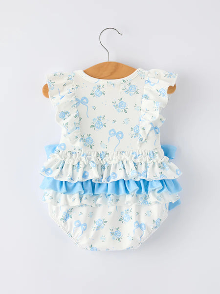 Blue Bow Floral Ruffle Romper