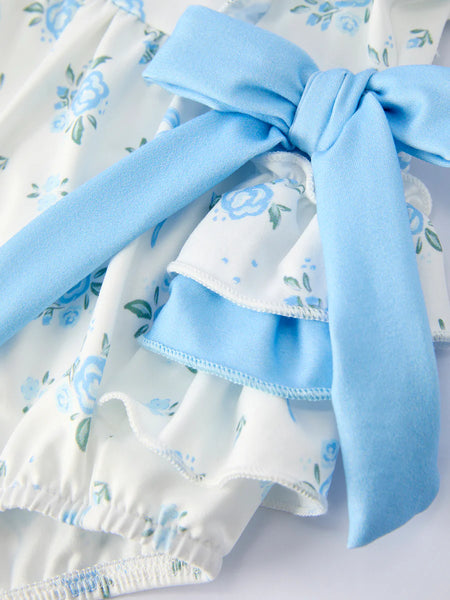 Blue Bow Floral Ruffle Romper