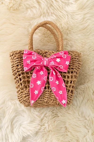 Floral Bow Straw Bag (Fuchsia)