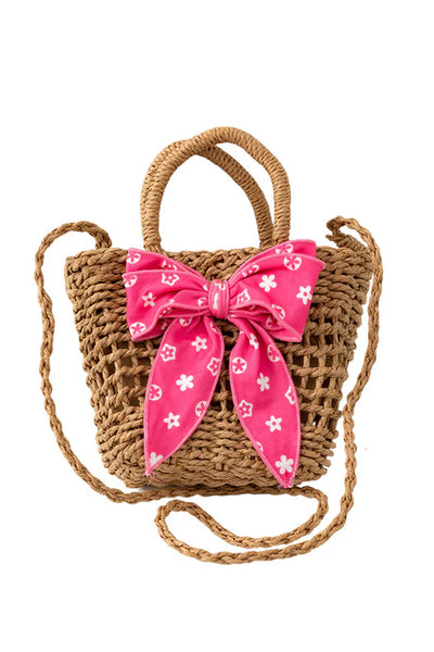 Floral Bow Straw Bag (Fuchsia)