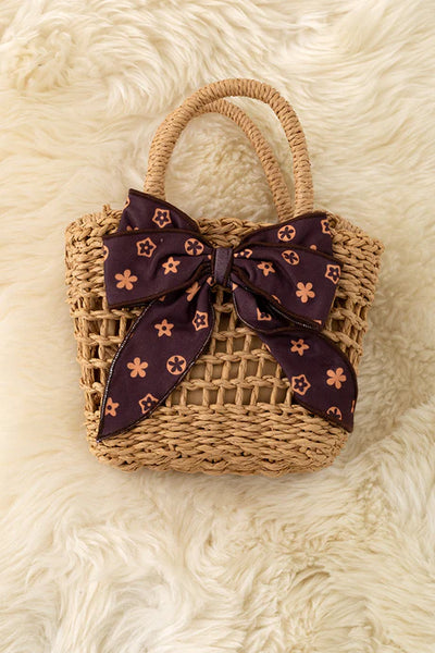 Floral Bow Straw Bag (Brown)