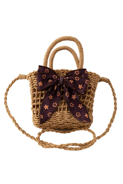 Floral Bow Straw Bag (Brown)