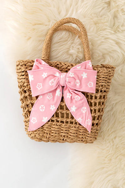 Floral Bow Straw Bag (Light Pink)