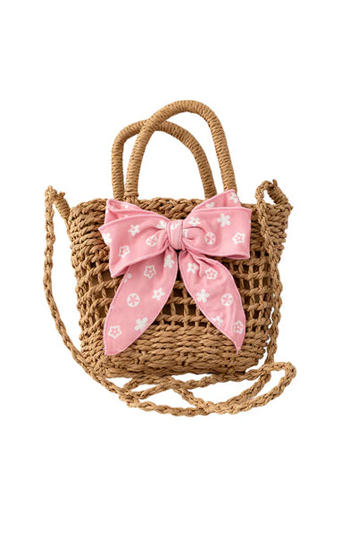 Floral Bow Straw Bag (Light Pink)