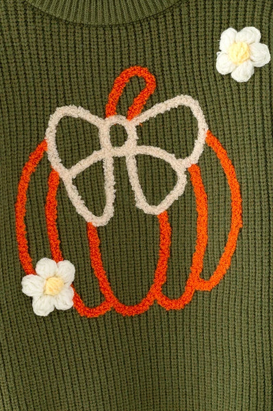 Bow Pumpkin Embroidered Sweater