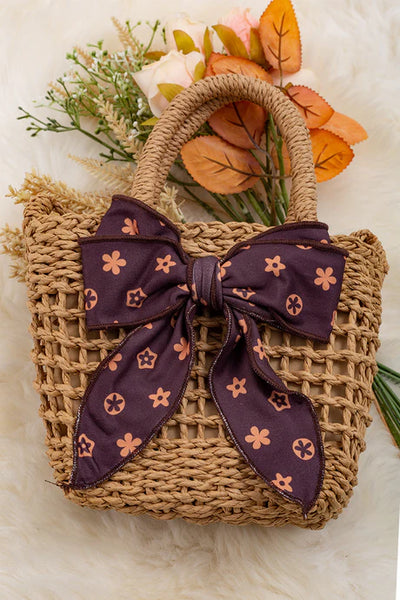 Floral Bow Straw Bag (Brown)