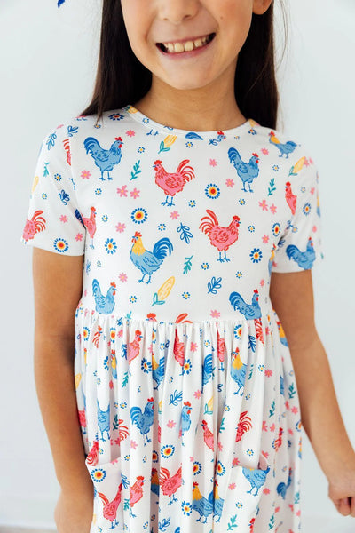 Rainbow Roosters Twirl Dress