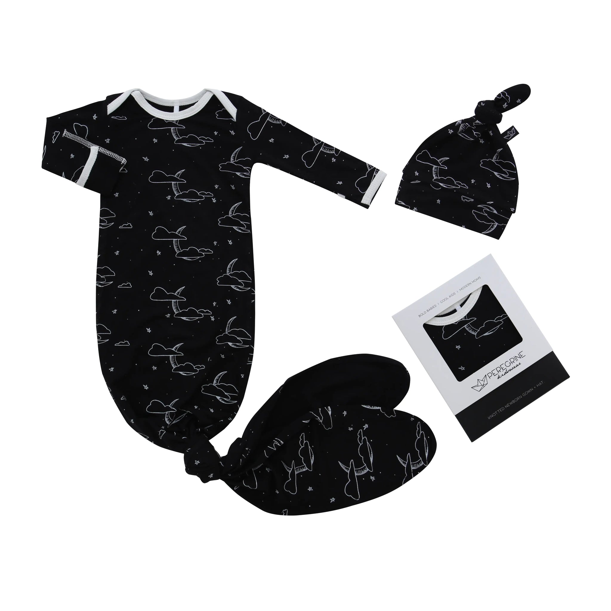 Midnight Cloud Moon Bamboo Knotted Newborn Gown and Hat