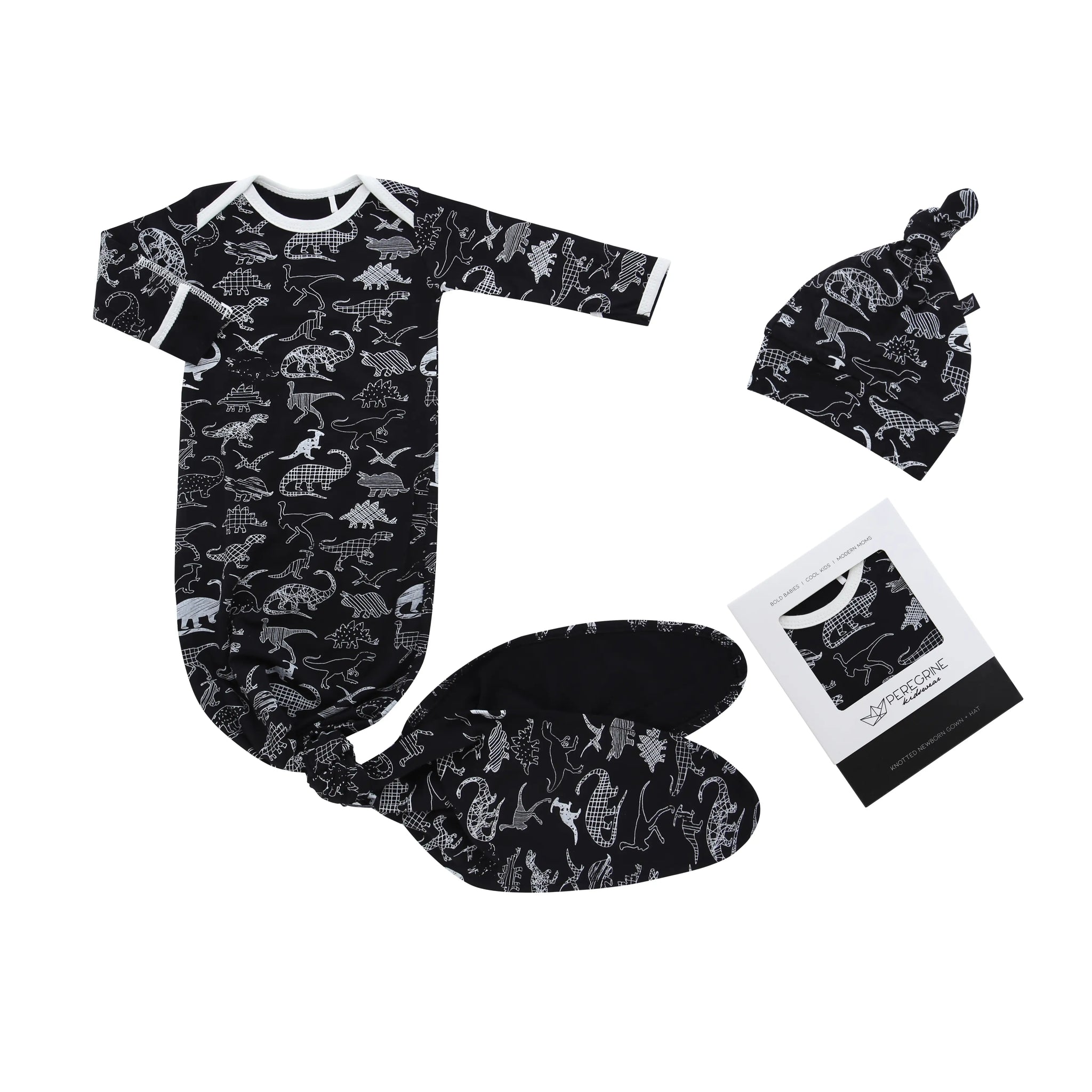 Midnight Dino Knotted Newborn Gown and Hat